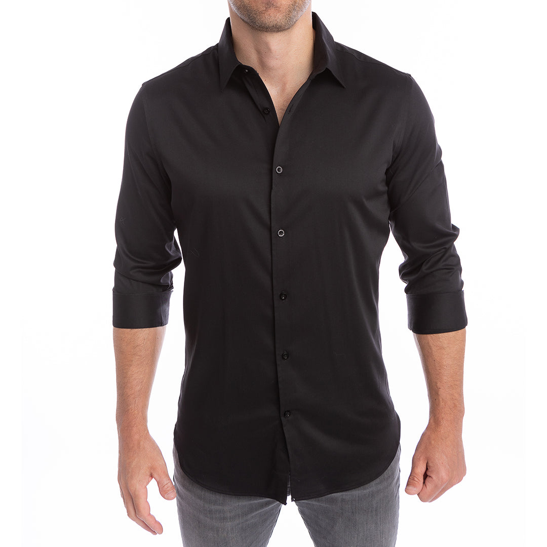 Comparison showing goTIELESS black shirt with structured open collar vs traditional floppy collar shirt.
