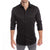 Comparison showing goTIELESS black shirt with structured open collar vs traditional floppy collar shirt.