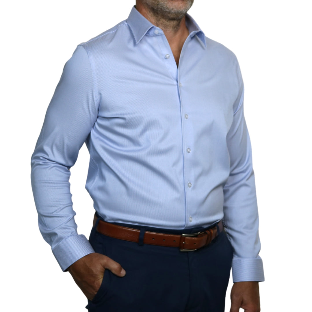 Power Blue striped dress shirt for men, structured collar and business casual fit by goTIELESS