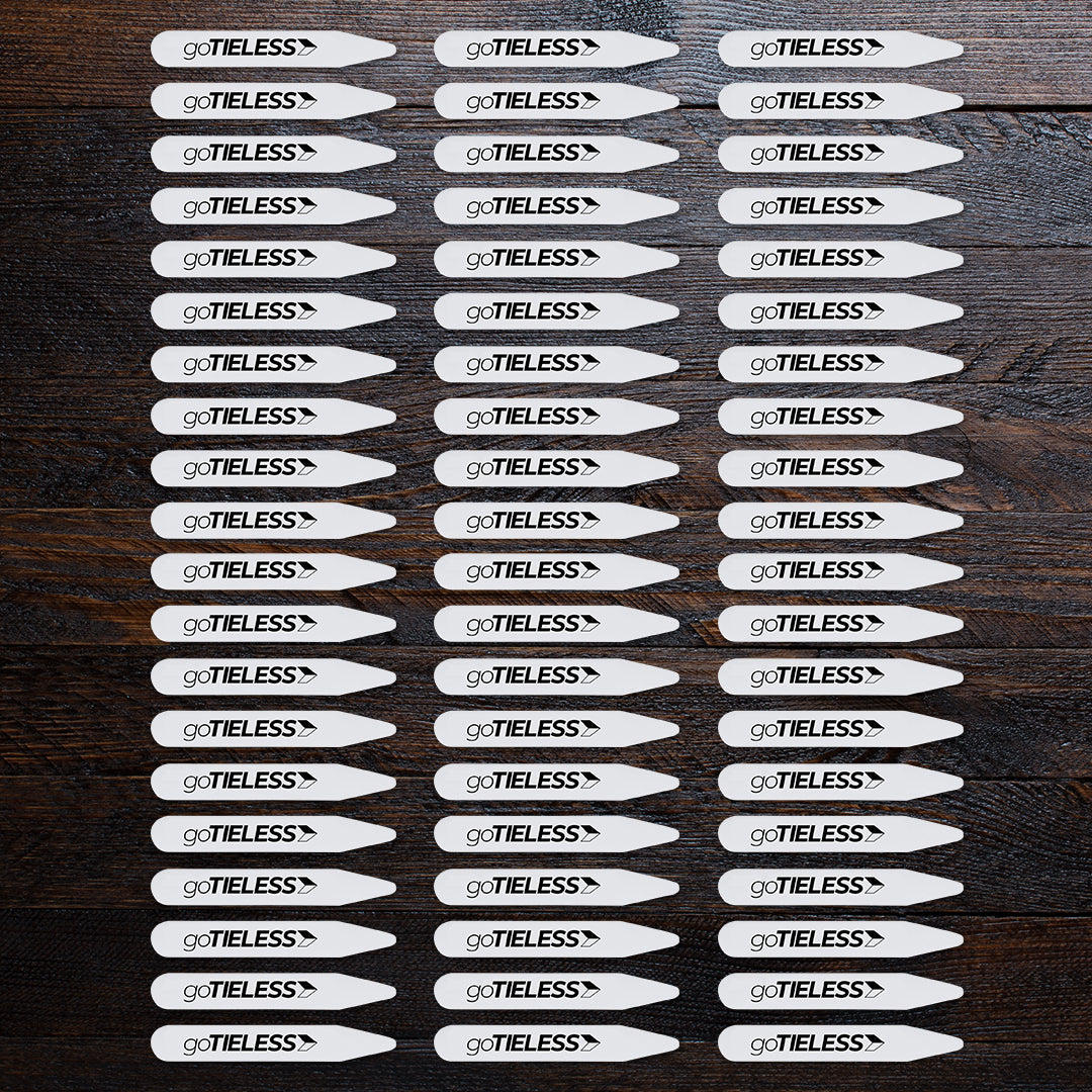 20-pack of goTIELESS PVC collar stays lightweight, universal fit stays that support your shirt collar without starch.
