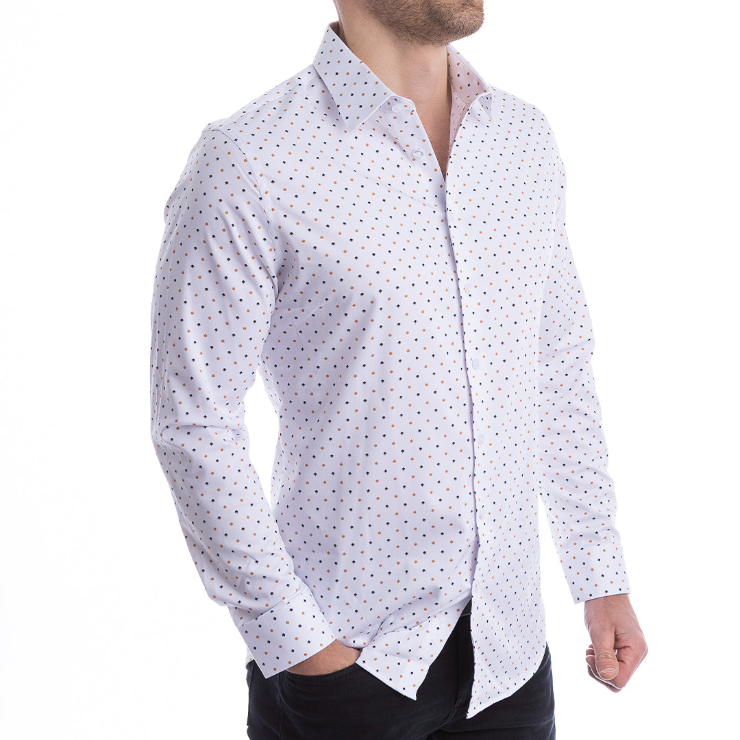 Comparison of goTIELESS Royal Palm shirt vs traditional floppy collar dress shirt.
