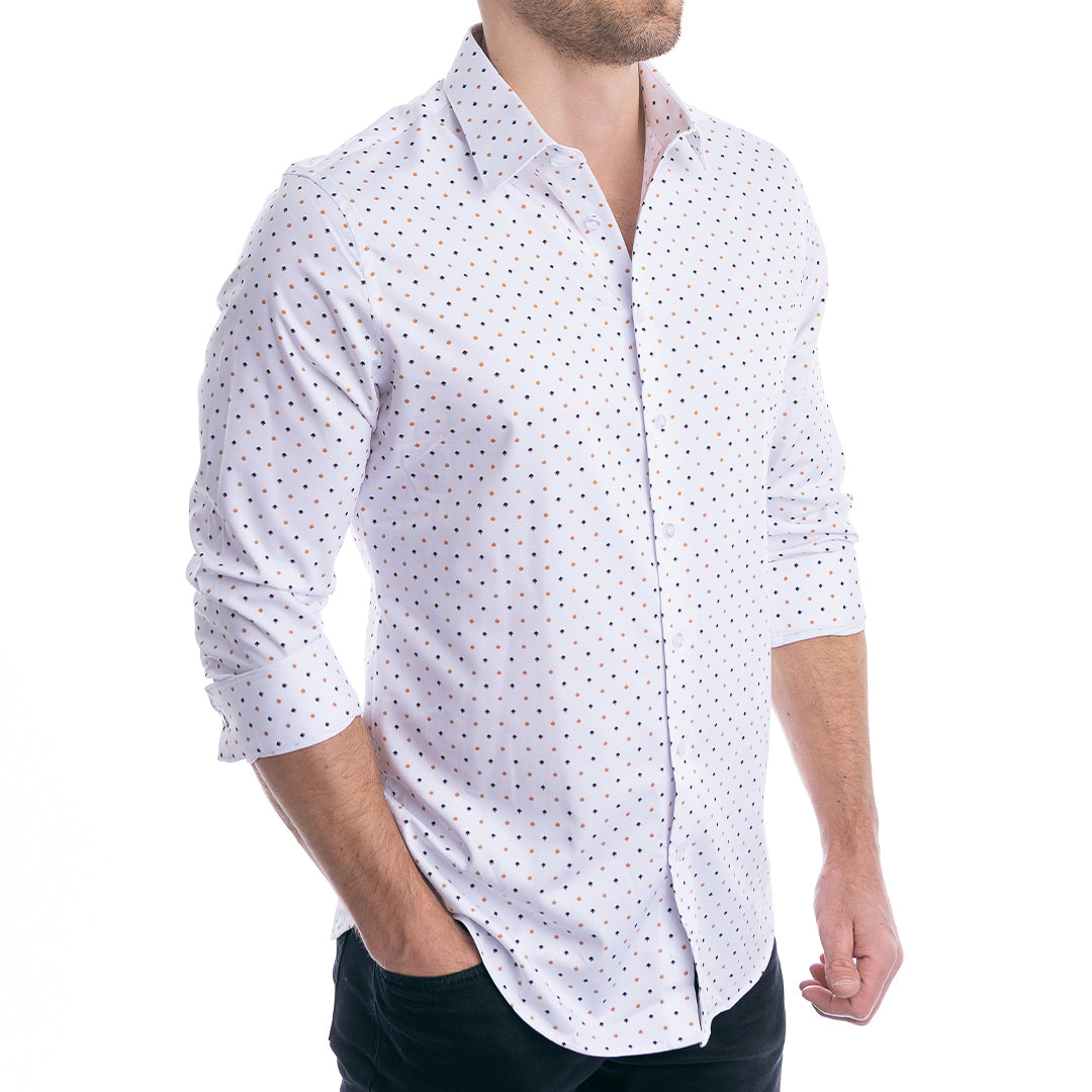 Royal Palm print shirt for men crisp open collar without starch, wrinkle-resistant fabric.