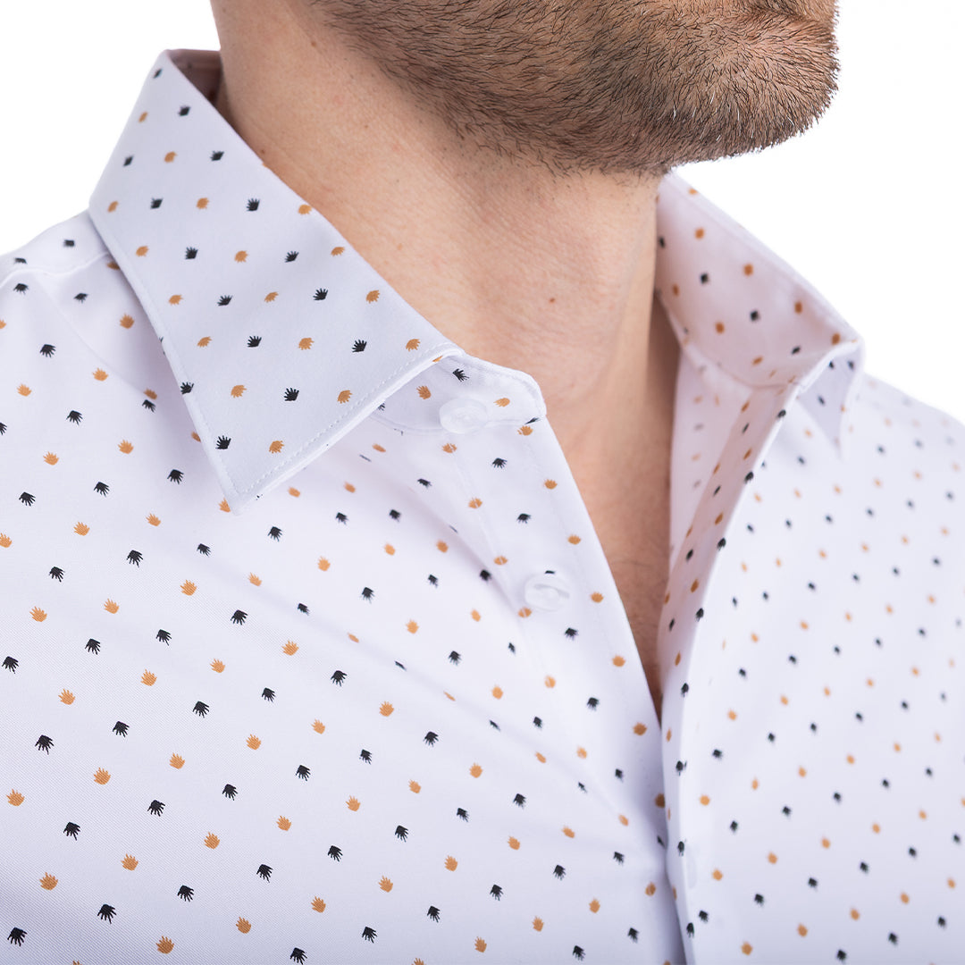 Close-up of Royal Palm shirt collar open, structured, and supported with hidden Million Dollar Collar placket stays.