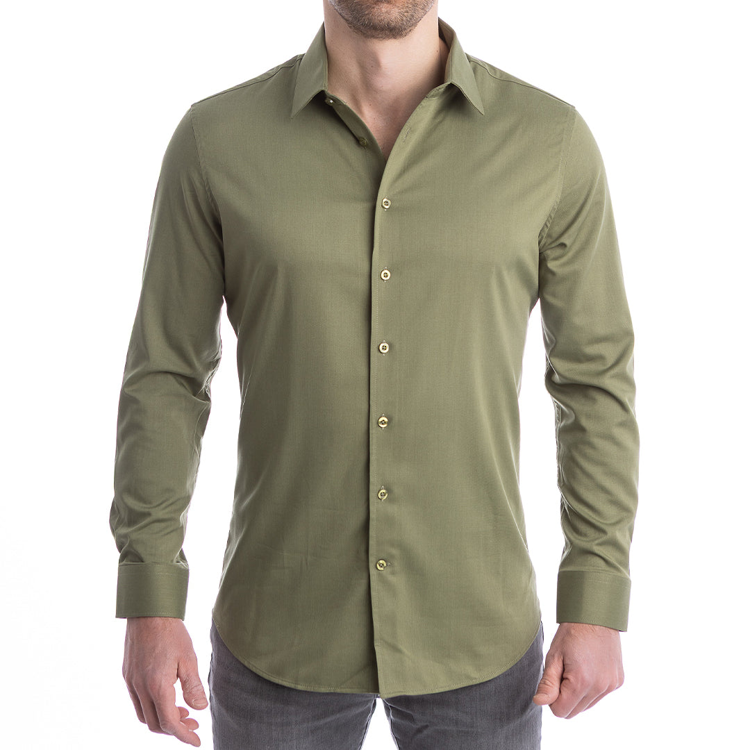 Rugged army green shirt styled open collar wrinkle-resistant and built for business casual wear.