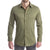 Rugged army green shirt styled open collar wrinkle-resistant and built for business casual wear.