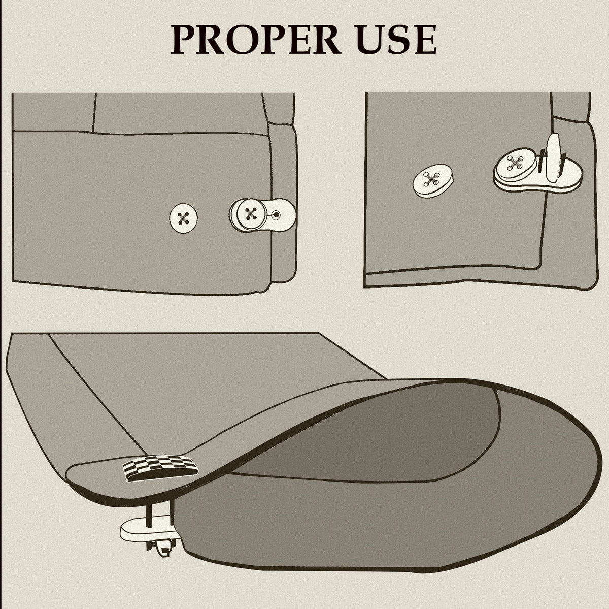 Illustration showing how to turn a button-up shirt cuff into a cufflink-compatible cuff using adapters