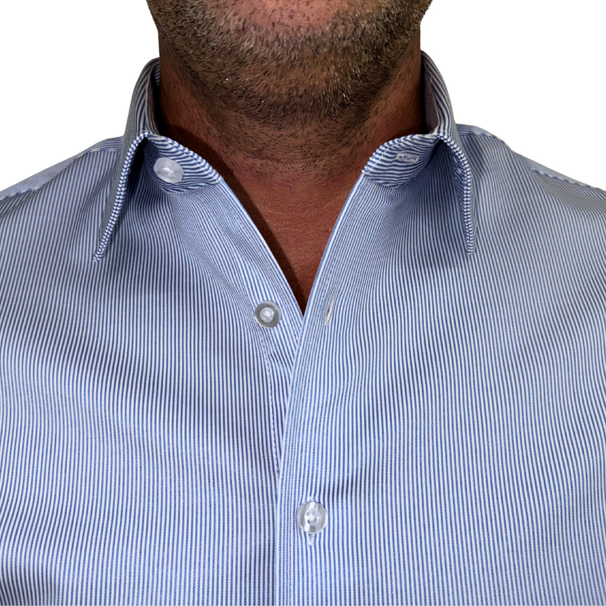 Close-up of reinforced collar on striped goTIELESS shirt, Power Blue with Million Dollar Collar