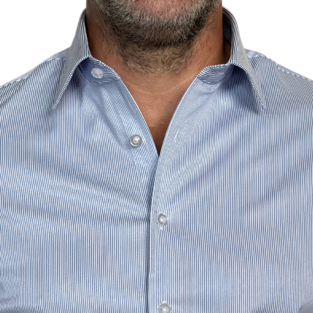 Close-up of reinforced collar on striped goTIELESS shirt, Power Blue with Million Dollar Collar