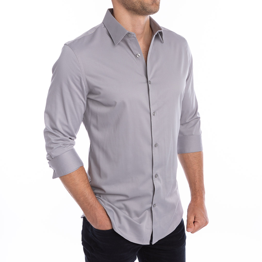 Comparison of goTIELESS structured grey shirt vs traditional floppy collar shirt.