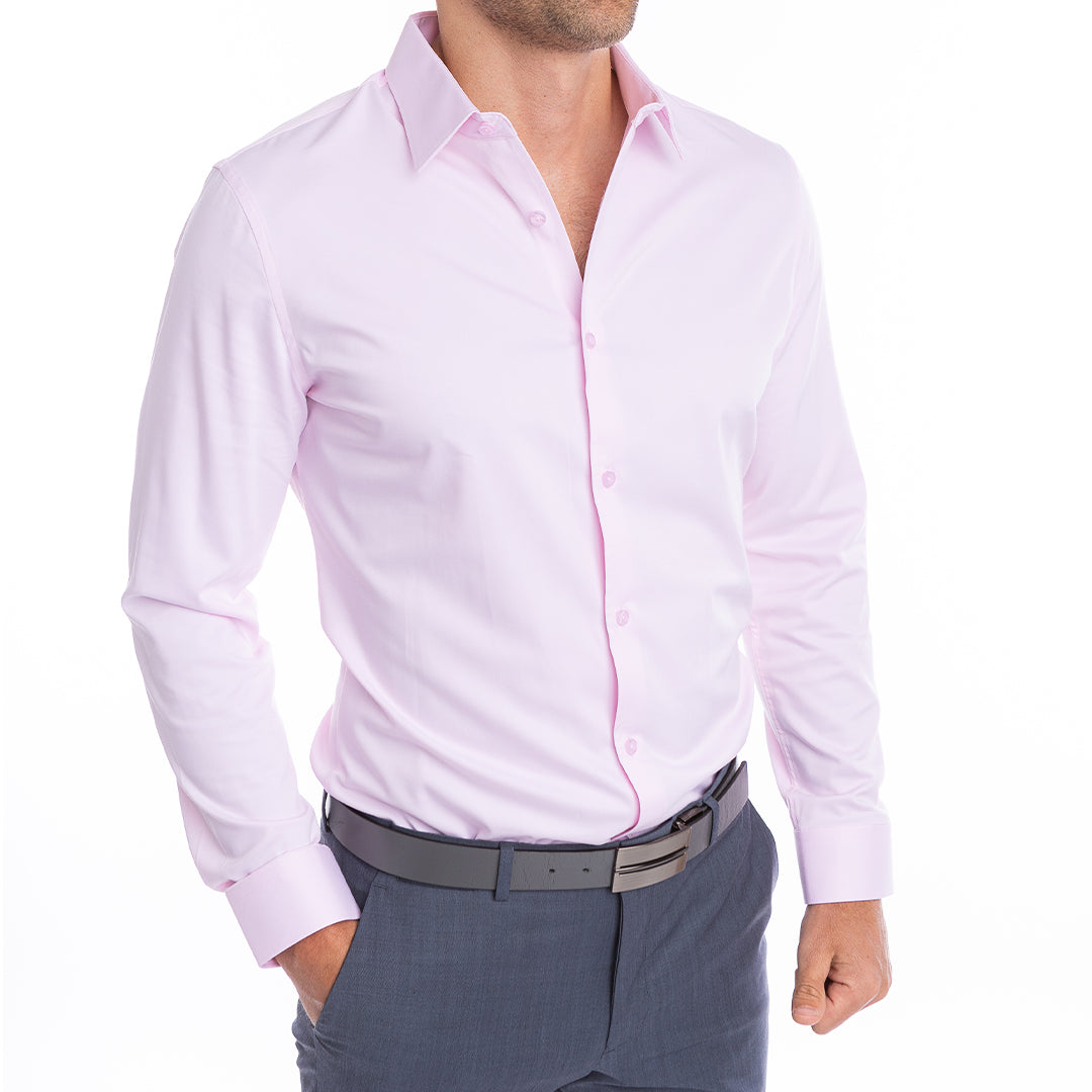 Business casual light pink shirt for men with structured open collar professional and comfortable.