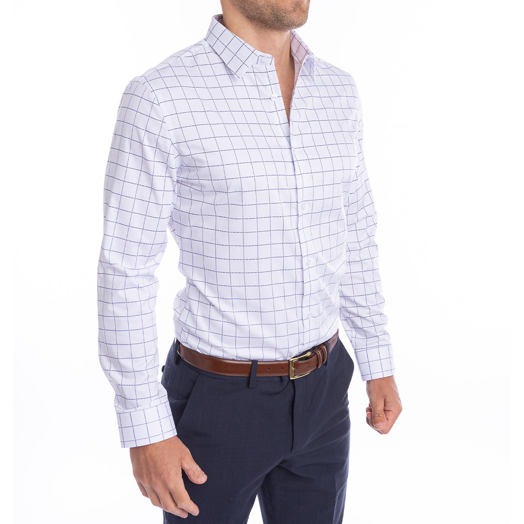 White checkered shirt with hidden collar support stays sharp and upright all day without starch.
