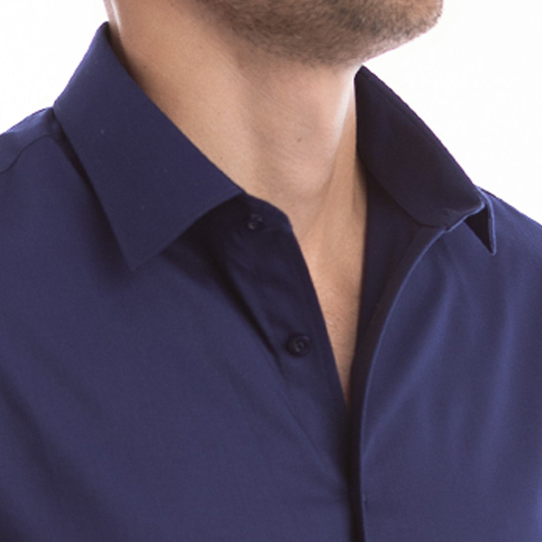 Versatile navy shirt for men that won’t wrinkle or collapse perfect for work and weekend wear.
