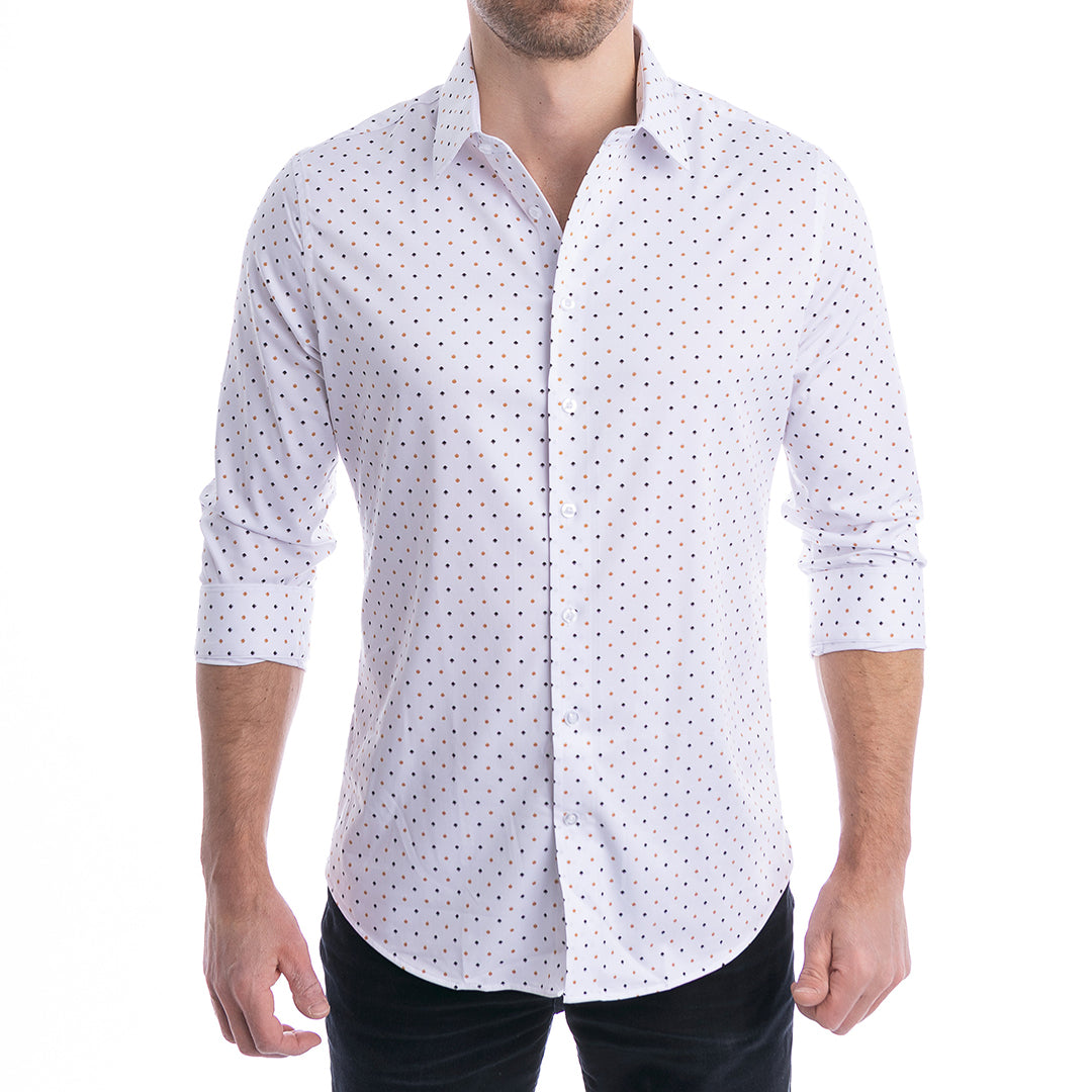 Versatile white shirt with palm pattern great for weddings, weekends, and warm weather style.