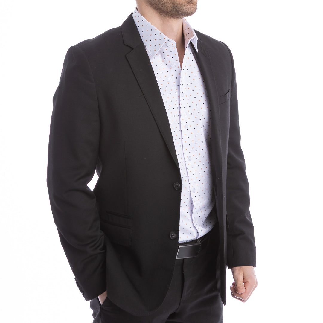 White dress shirt with black and gold palm microprint open collar design, no tie needed.