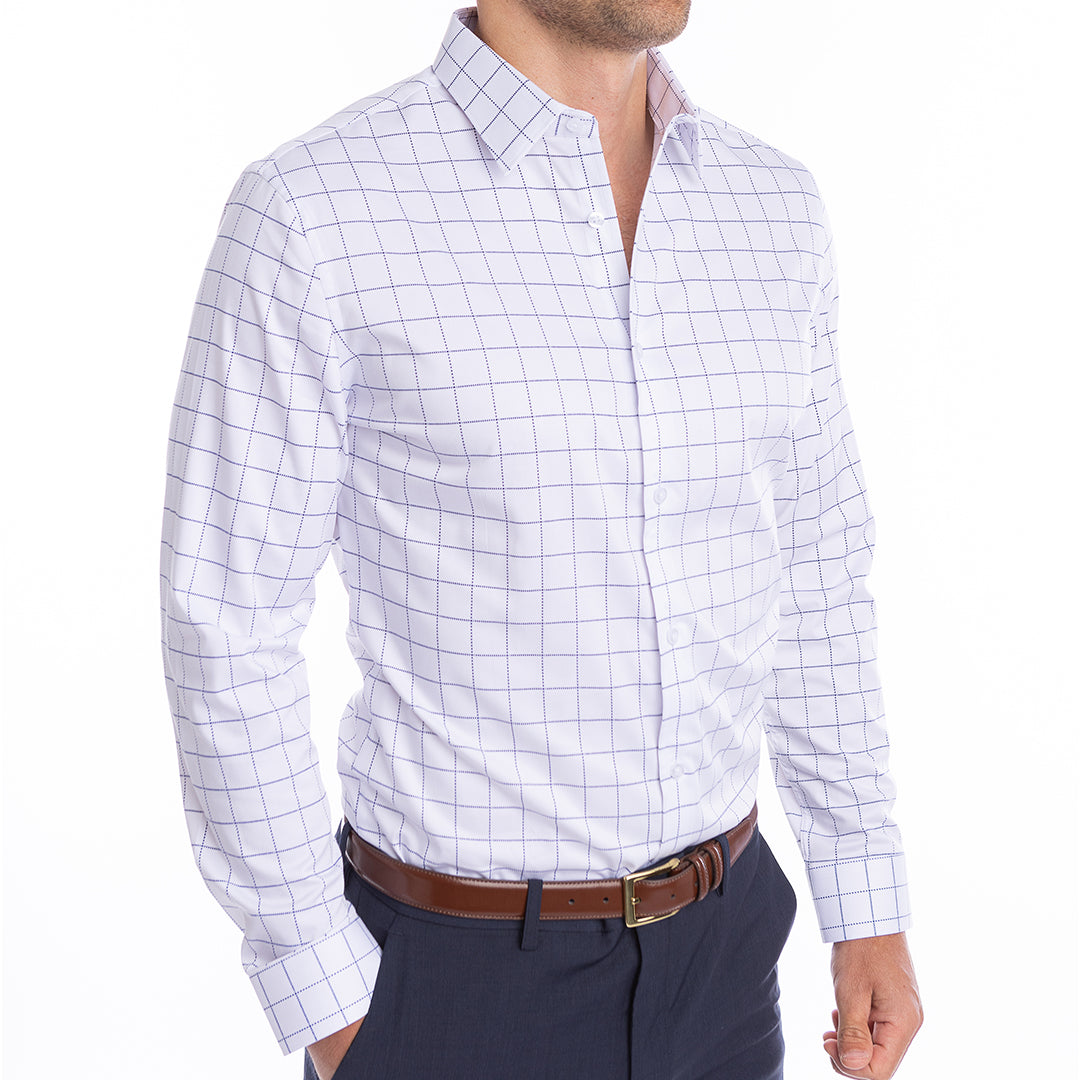 White dress shirt with navy windowpane pattern designed to be worn open collar without a tie.