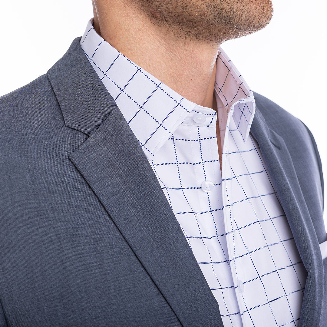 White button-up shirt with navy plaid pattern collar stays crisp and sharp without a tie.