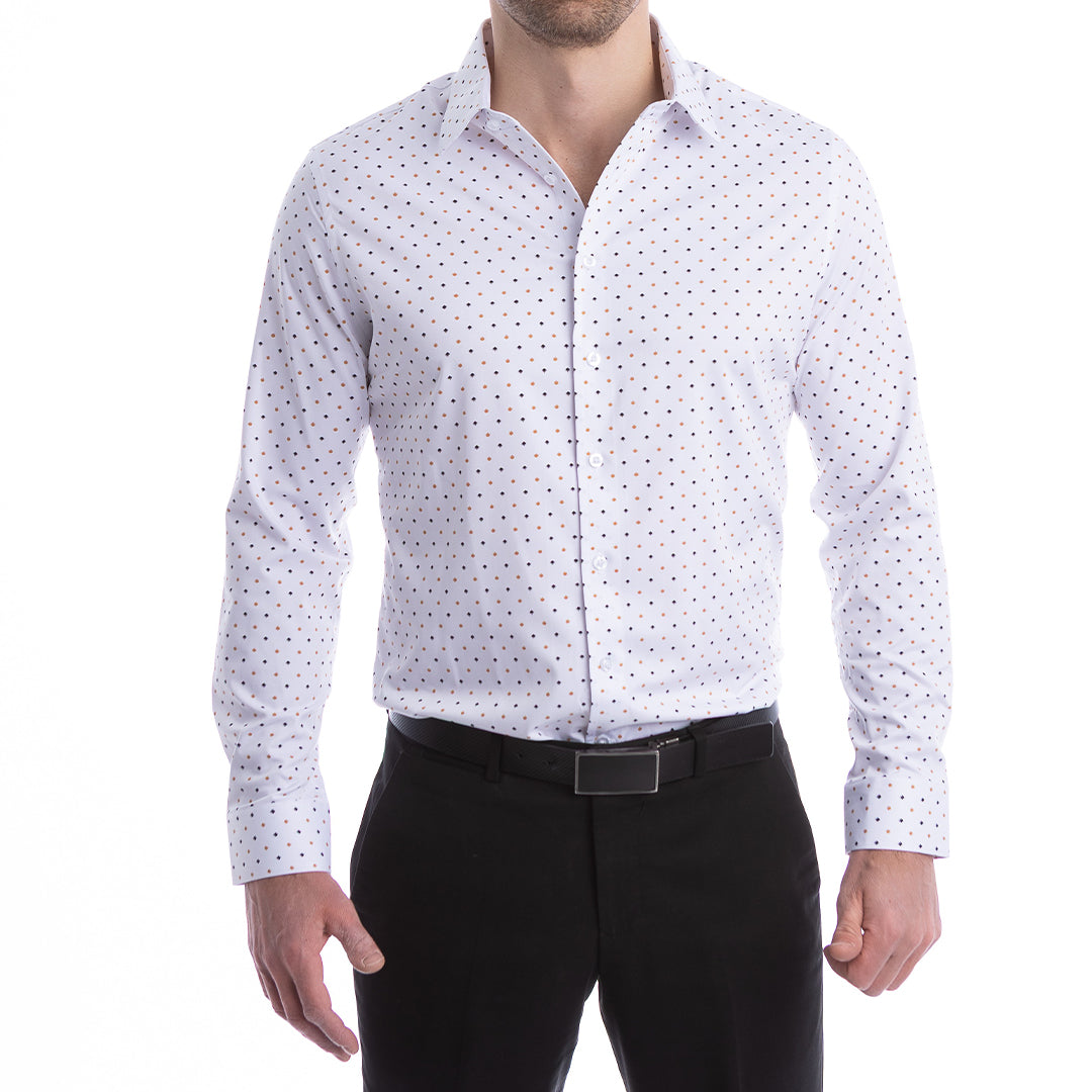 White shirt with palm print collar stays upright all day with hidden placket reinforcement.
