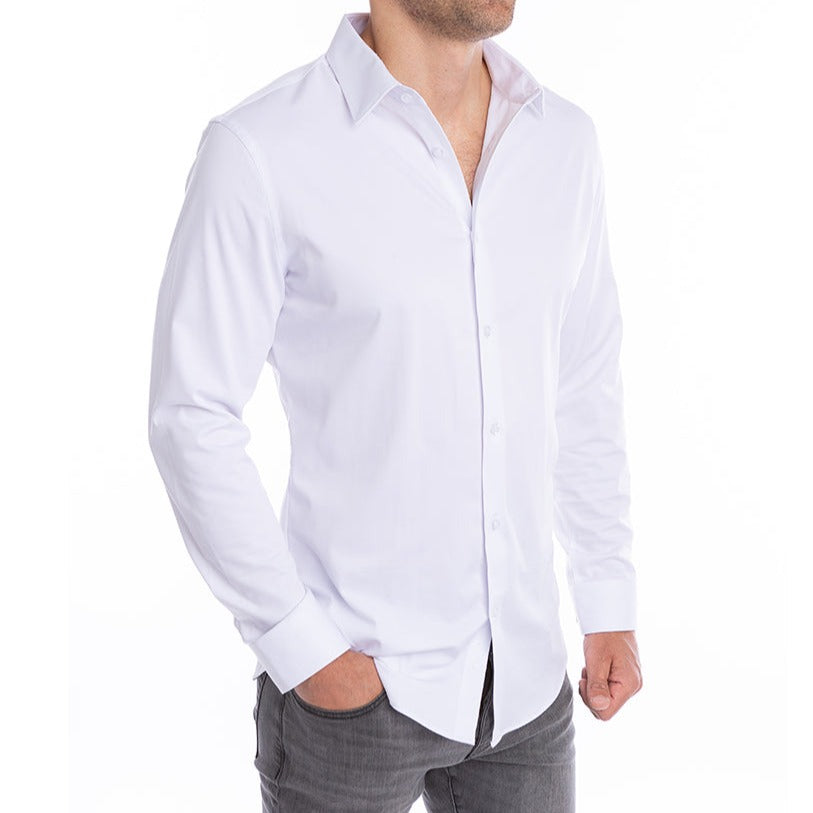 Structured white shirt shown tucked and untucked stays polished without collar collapse.