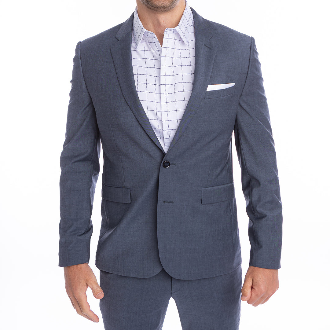 Business casual white shirt with navy windowpane pattern polished without a tie.