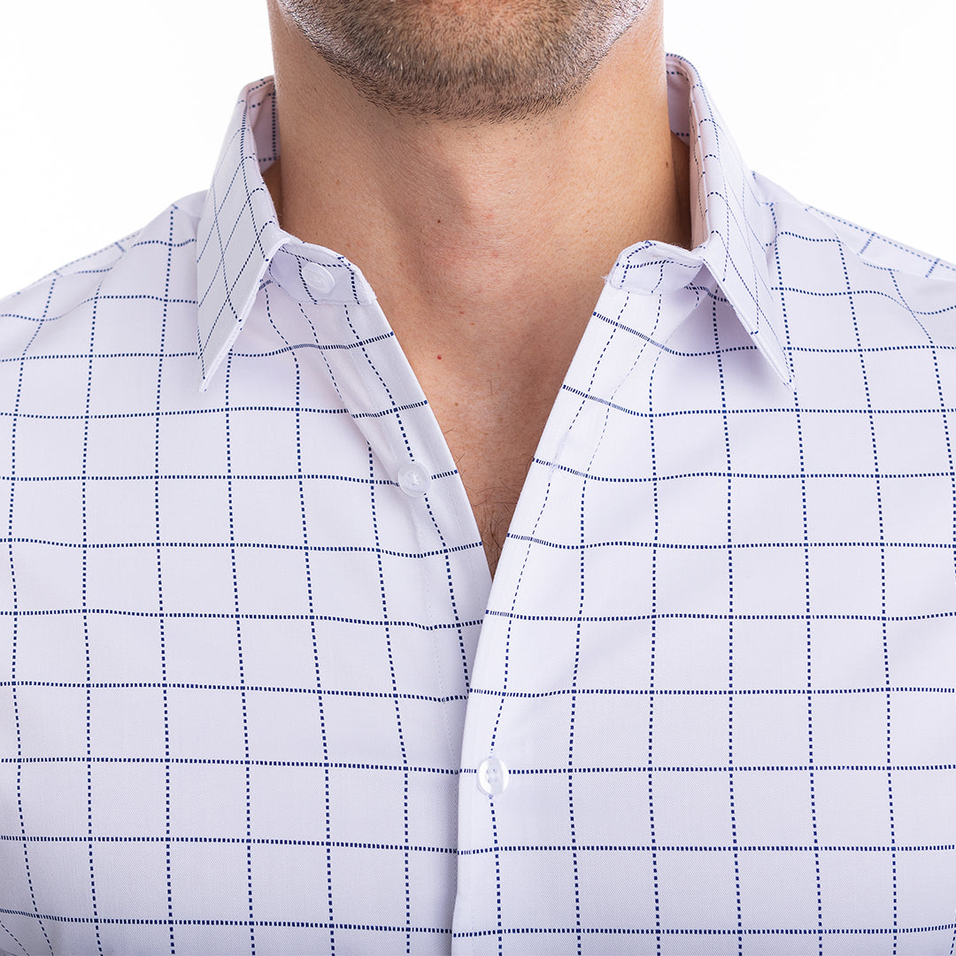 White shirt with navy check pattern featuring Million Dollar Collar support for a clean open look.