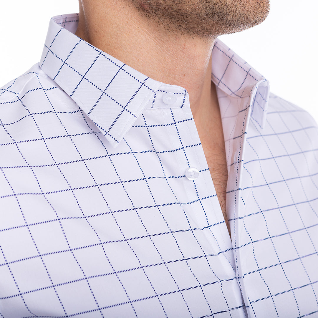 Comparison of goTIELESS structured windowpane shirt vs traditional floppy collar dress shirt.