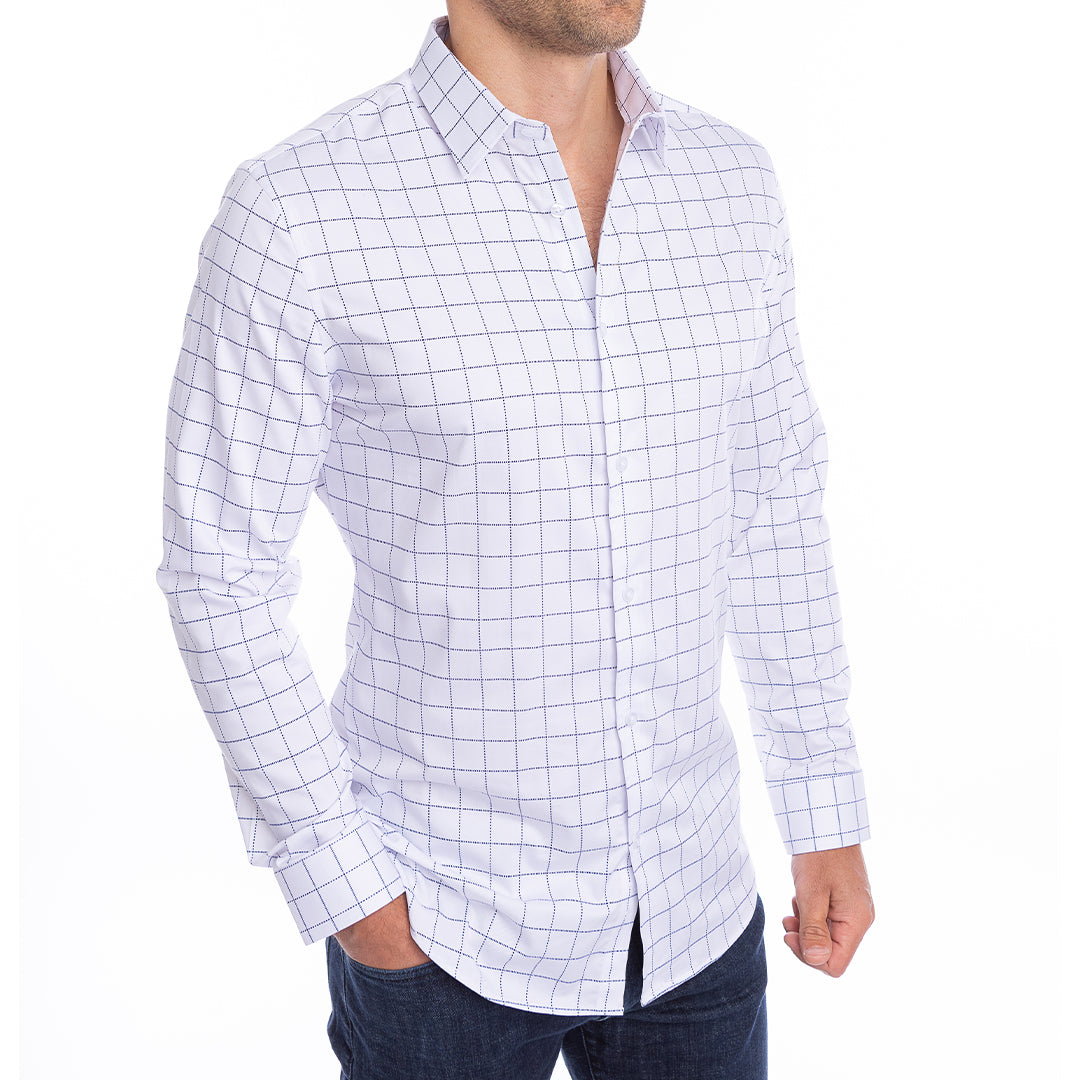 Windowpane patterned dress shirt for men built-in support prevents sagging and curling.