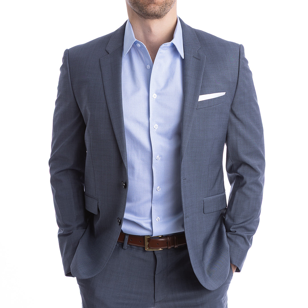 Wrinkle-resistant blue shirt in modern fit made for all-day wear without sagging or starching.