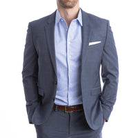 goTIELESS Ultimate Dress Shirt Blue Diamond worn with a suit